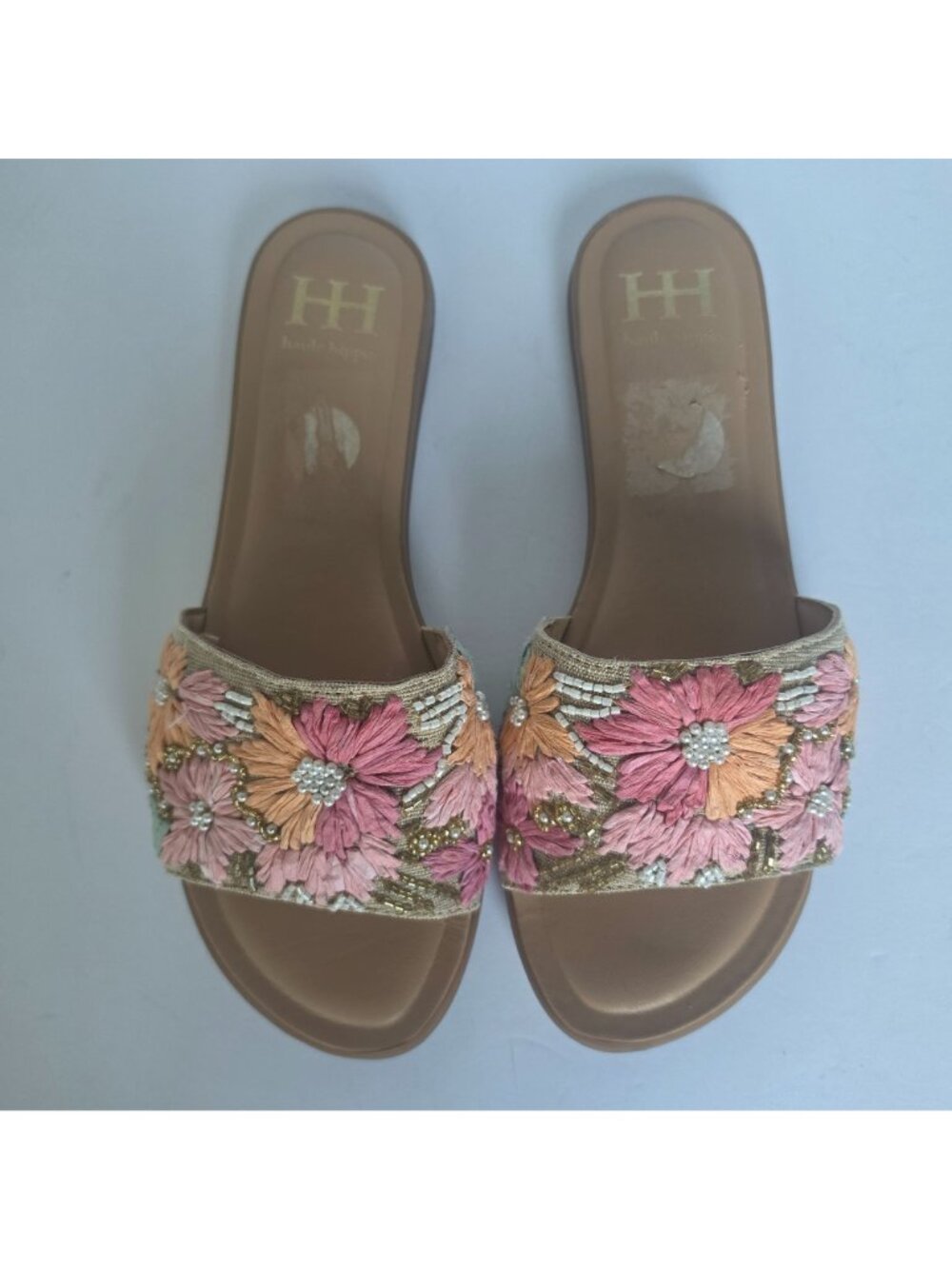 Haute Hippie Womens 8 Floral Embellished Beaded Slide Sandal Boho Raffia Flowers - Picture 2 of 6